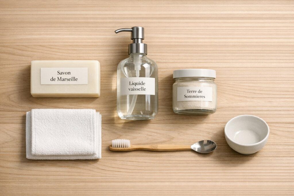 Kit minimaliste pour enlever une tache de fond de teint : savon de Marseille, liquide vaisselle et terre de Sommières.