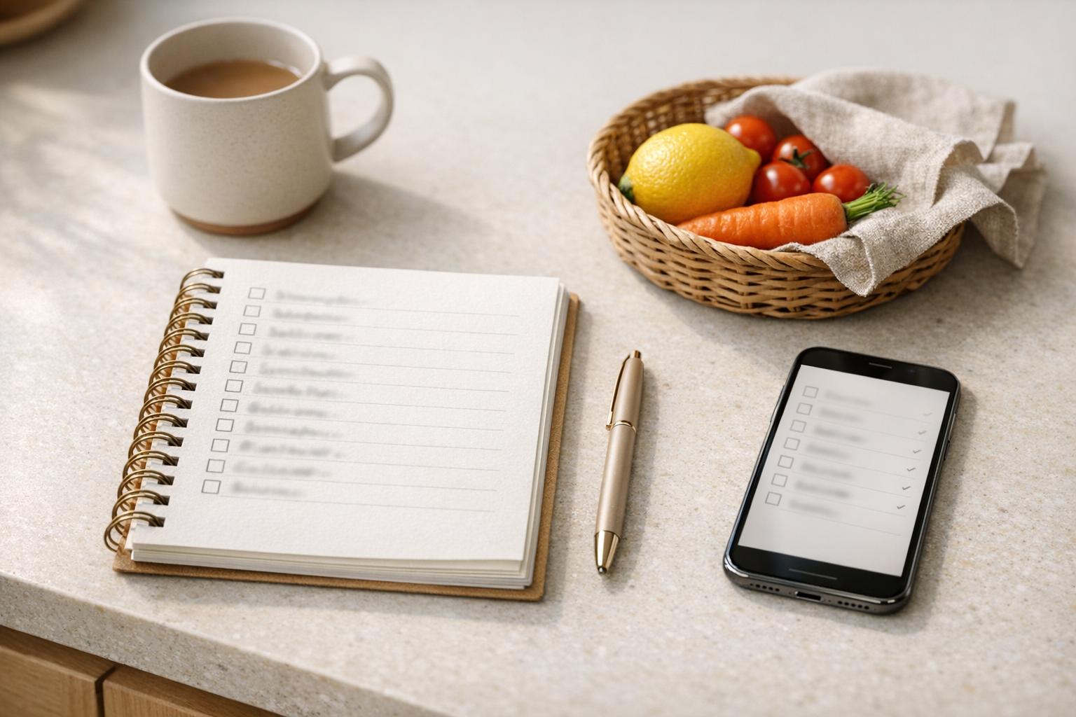Liste de courses par rayon dans un carnet sur un plan de travail de cuisine