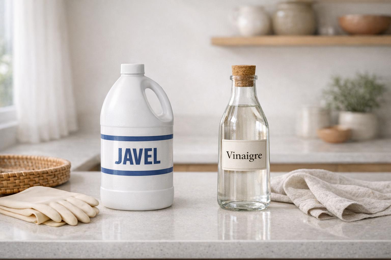 Mélanger javel et vinaigre dangereux : deux produits ménagers séparés sur un plan de travail.