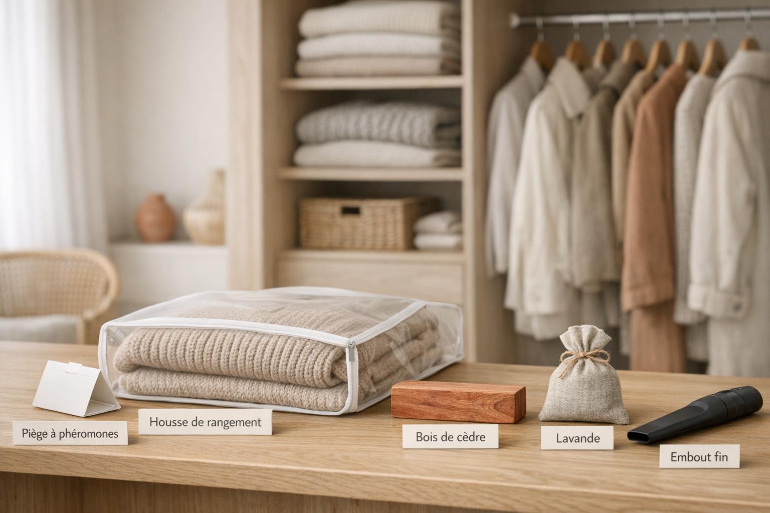 Mites vêtements : dressing lumineux avec piège à phéromones, cèdre et lavande pour prévenir le retour.