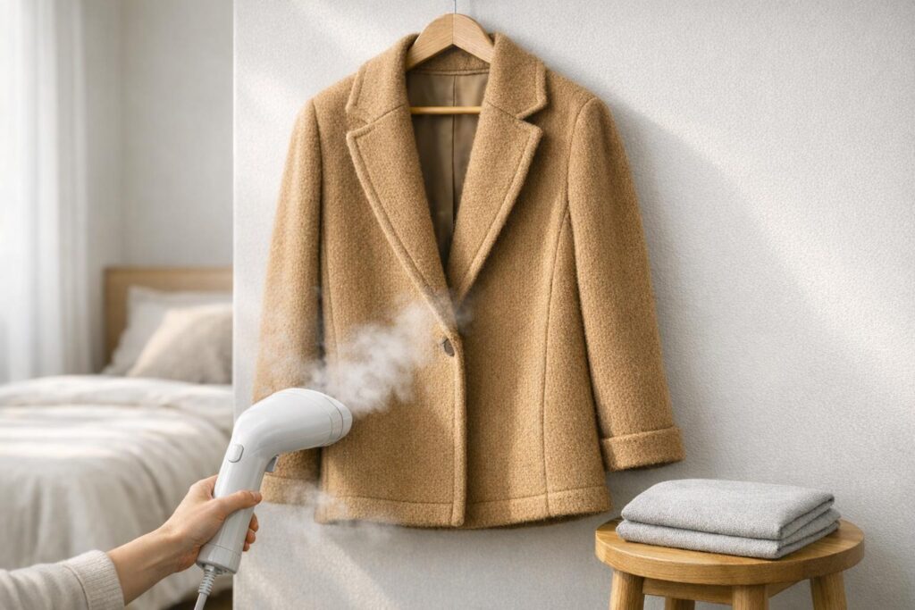 Traiter un manteau en laine à la vapeur pour limiter les mites vêtements.