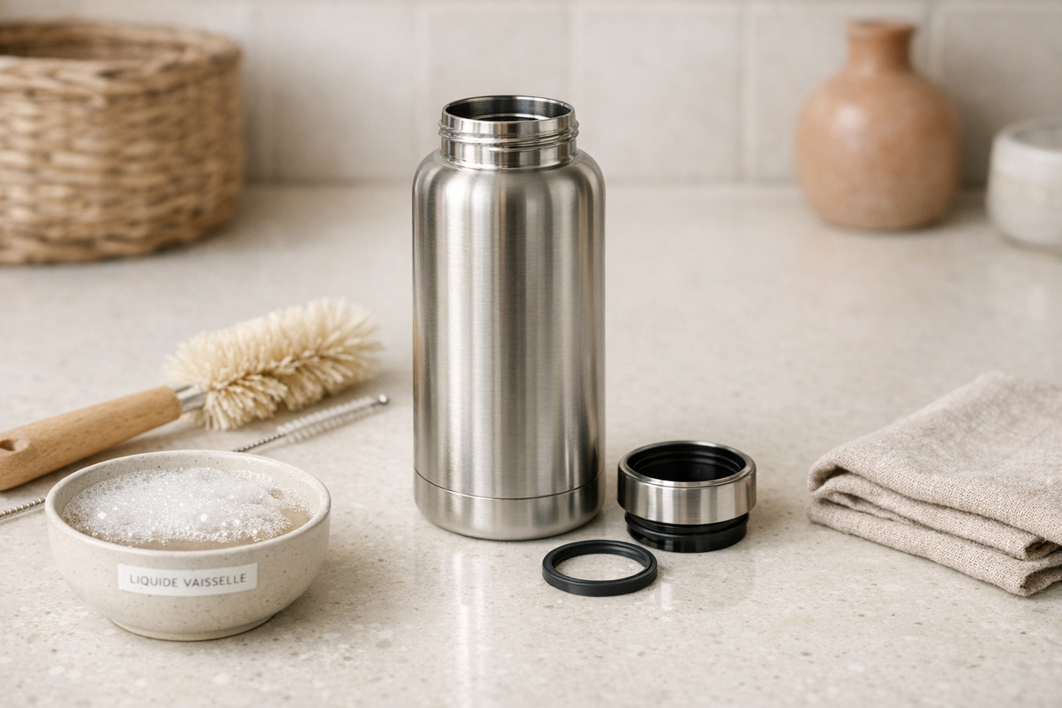 Nettoyer gourde inox : brosse, couvercle démonté et eau savonneuse pour éviter odeurs et biofilm