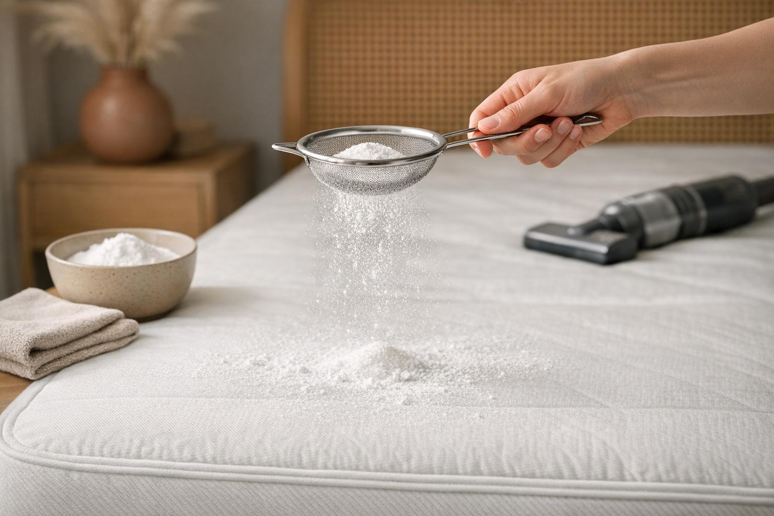 Nettoyer matelas bicarbonate : tamiser une fine couche sur le matelas pour enlever les odeurs