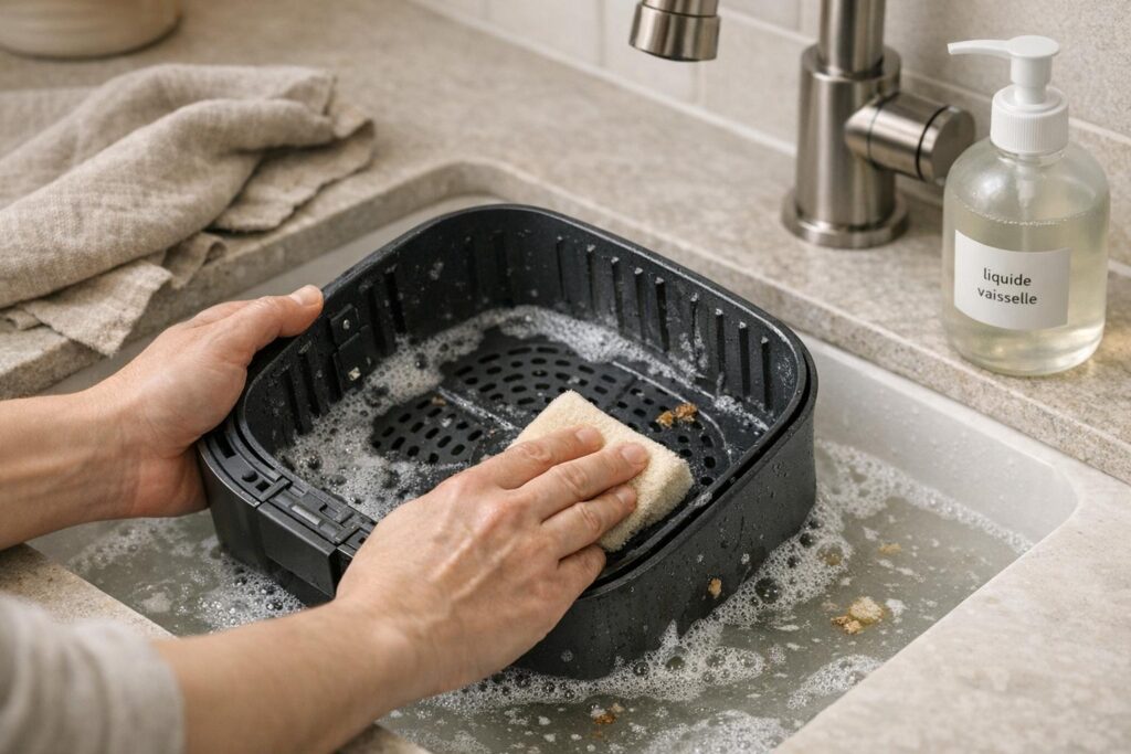 Nettoyage doux du panier d’un airfryer qui fume avec une éponge non abrasive