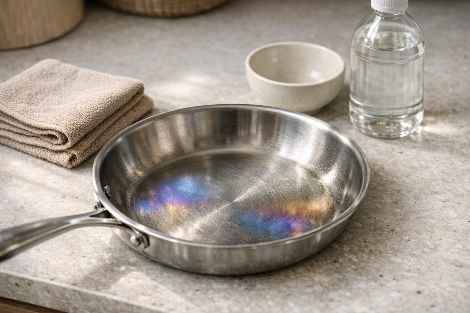 Nettoyer poêle inox : taches arc‑en‑ciel visibles avant nettoyage