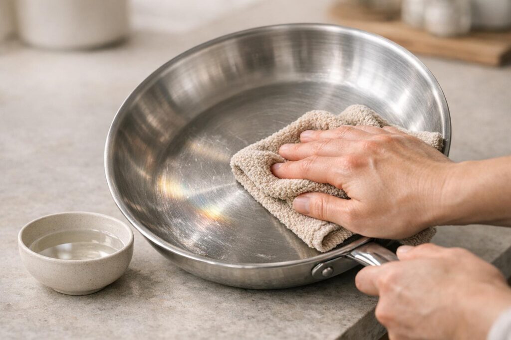 Microfibre et vinaigre blanc pour enlever les reflets arc-en-ciel sur une poêle en inox