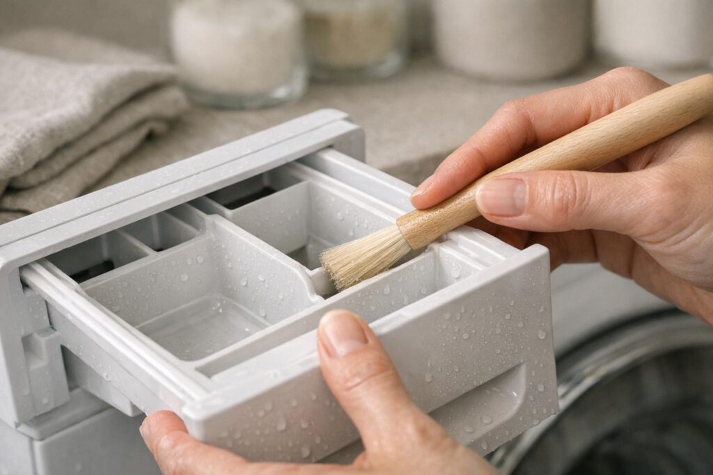 Nettoyage du logement du bac à lessive avec une petite brosse souple