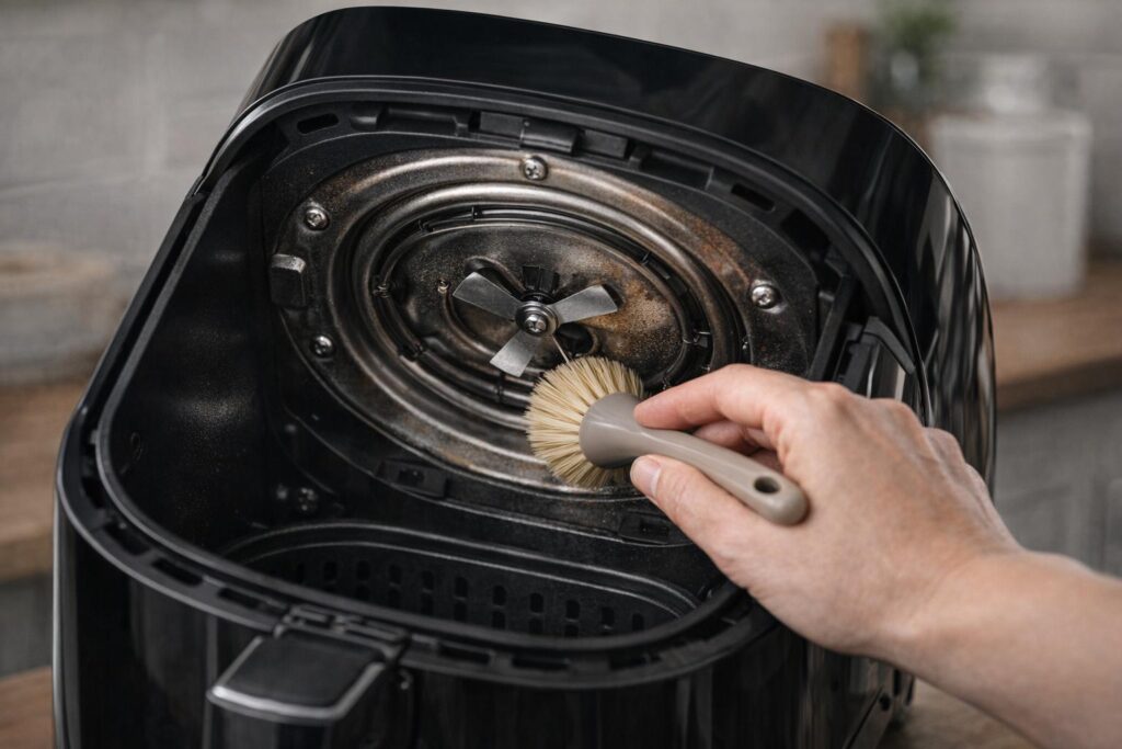 Nettoyage de la résistance d’un airfryer qui fume avec une microfibre douce