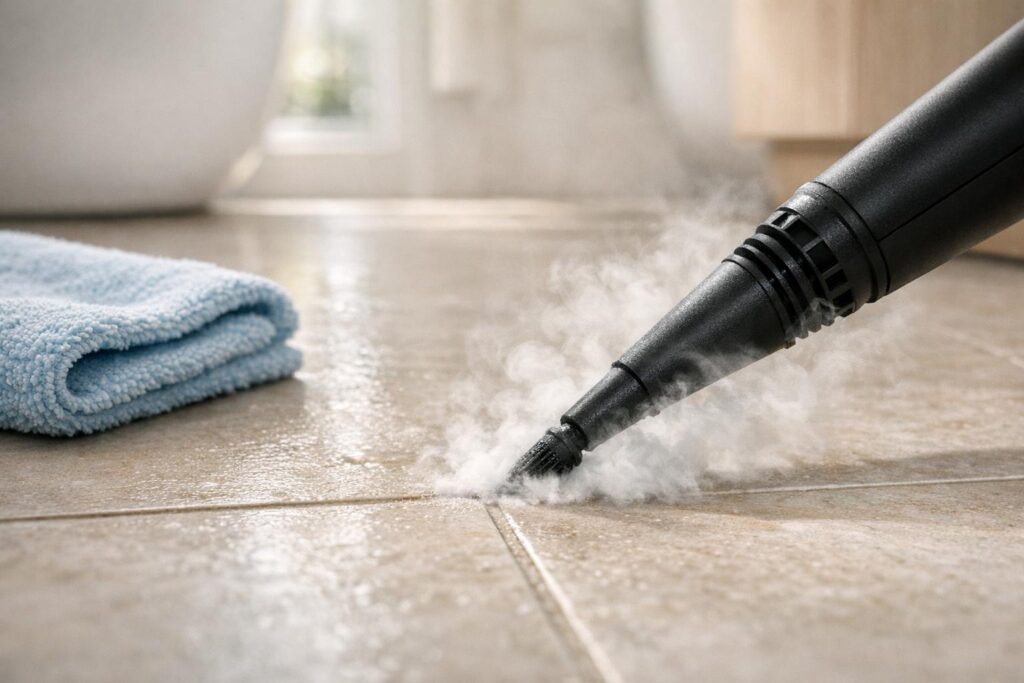 Passage d’un nettoyeur vapeur sur les joints d’un carrelage de salle de bain