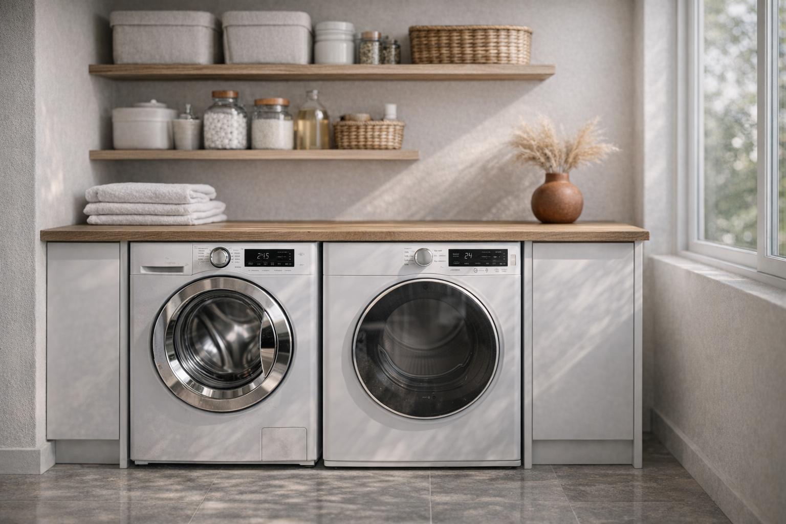 Buanderie lumineuse et organisée avec circuit du linge en 4 zones
