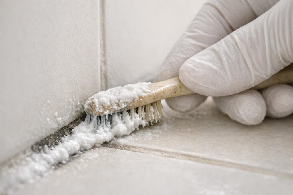 Application d’une pâte au bicarbonate sur des joints de carrelage encrassés
