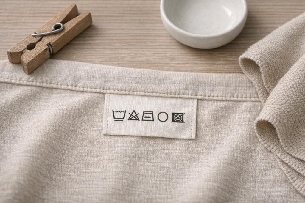 pictogrammes d’entretien textile sur étiquette de vêtement