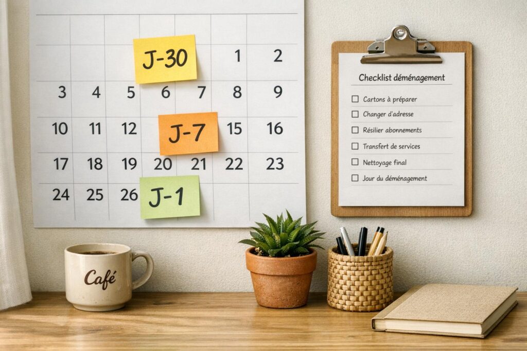 Planning déménagement J‑30 J‑7 J‑1 sur calendrier avec checklist