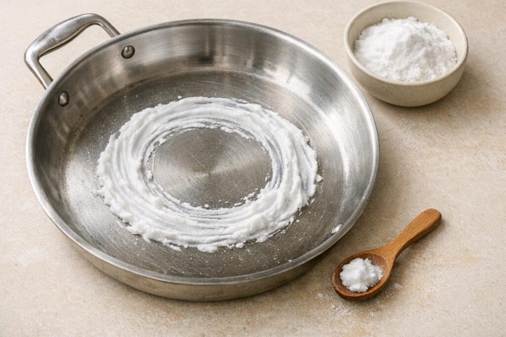 Pâte de bicarbonate sur une poêle inox pour enlever une trace brunie