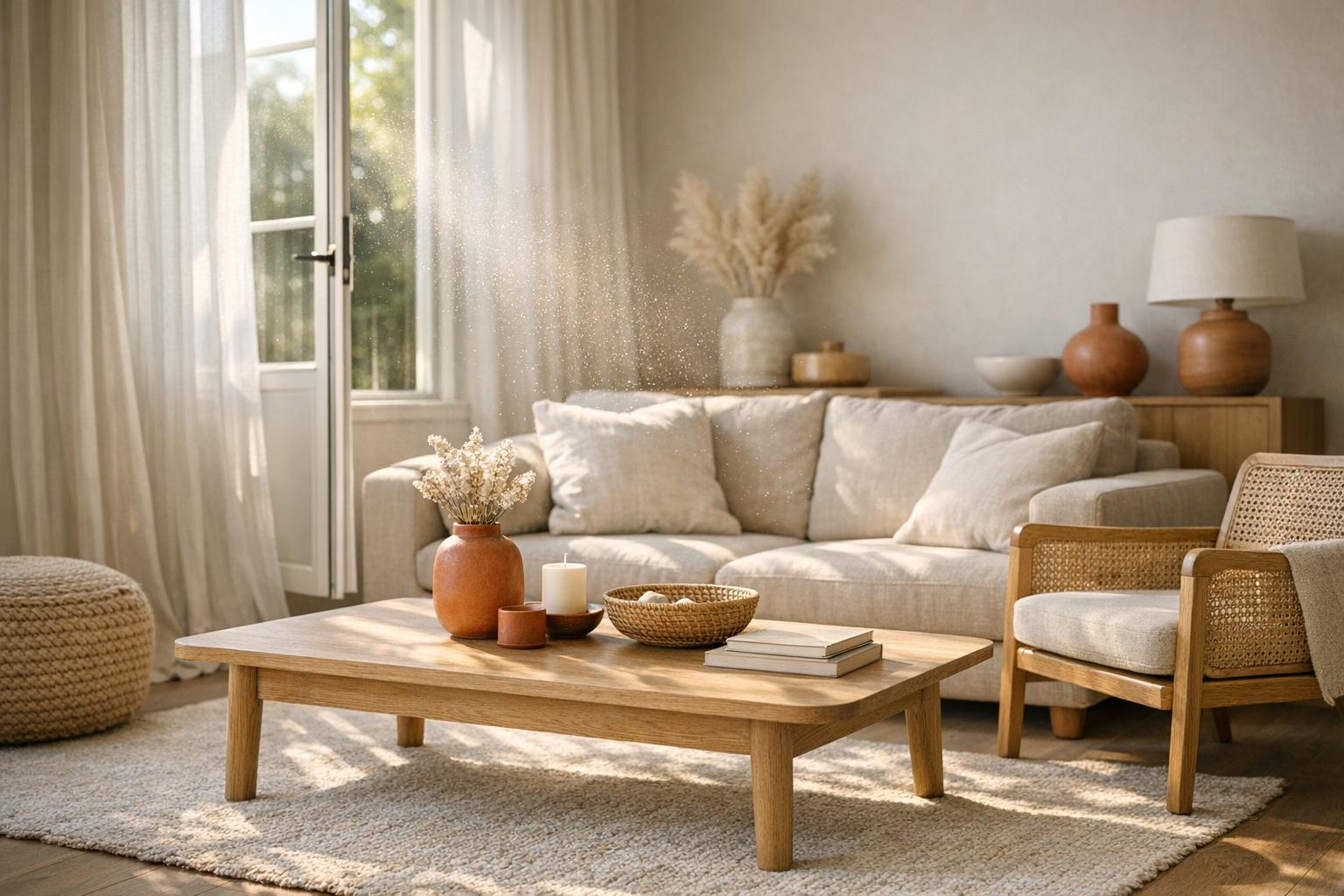 Pollen dans la maison dans un salon lumineux beige et minimal