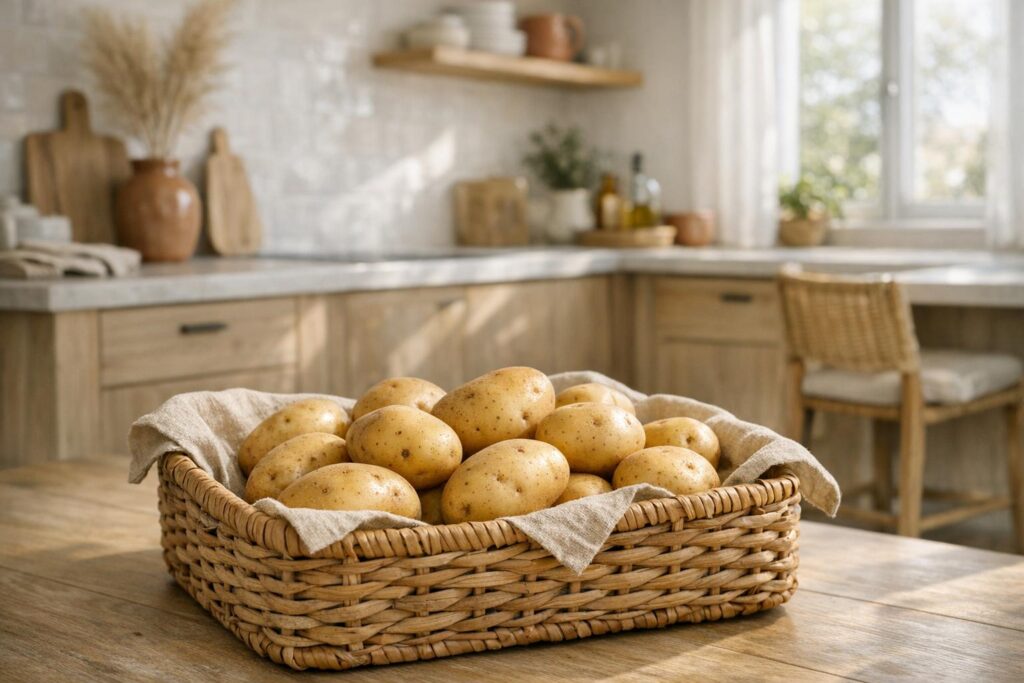 Pommes de terre bien conservées dans une cuisine organisée