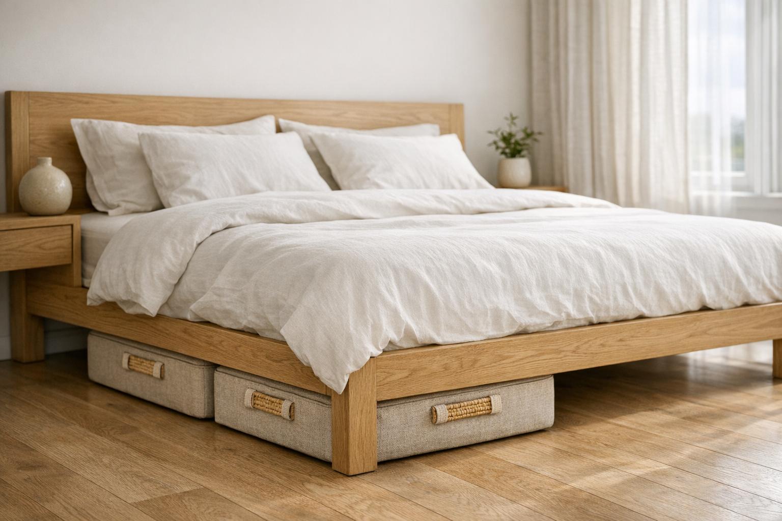 Rangement sous le lit avec boîtes plates en tissu dans une chambre lumineuse