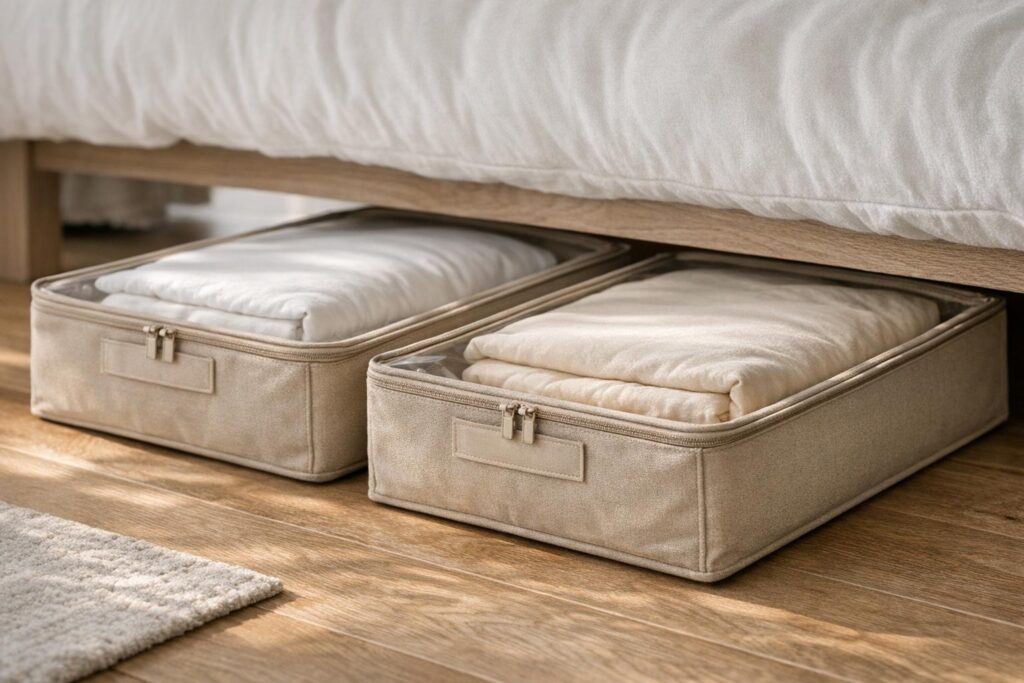 Linge de lit rangé par packs dans des boîtes plates sous le lit