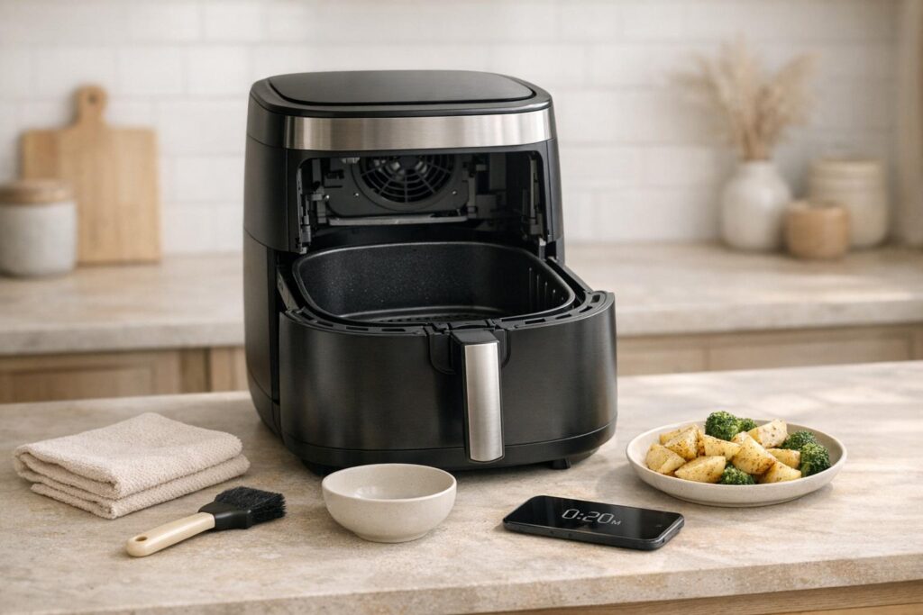Routine rapide pour éviter qu’un airfryer qui fume recommence après la cuisson