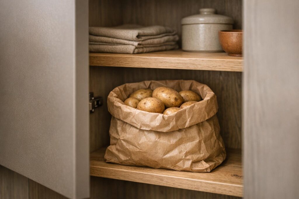 Pommes de terre stockées dans un sac en papier dans un placard sombre