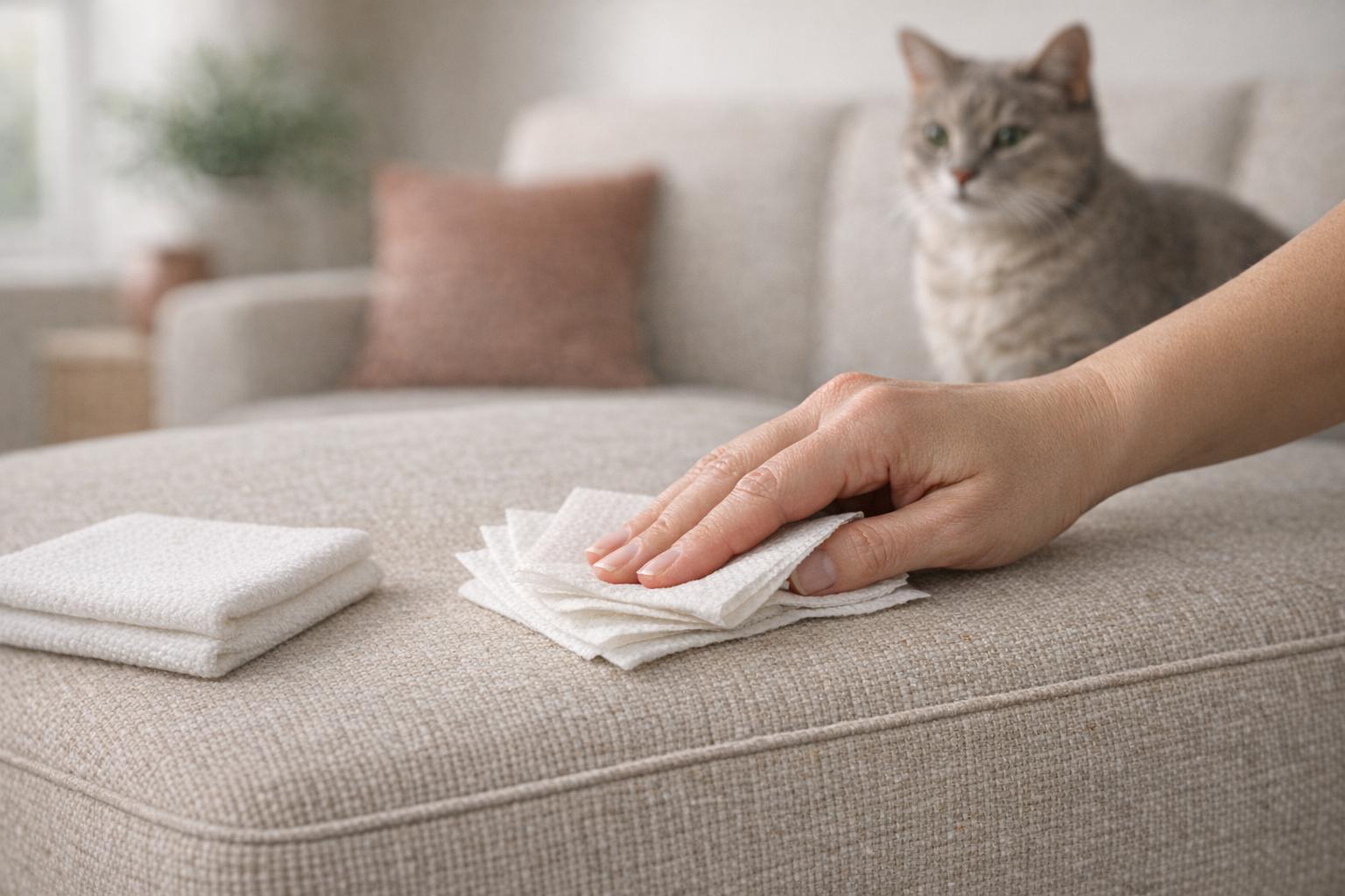 Tamponner sans frotter pour enlever odeur urine de chat sur canapé, avec un chat calme à proximité