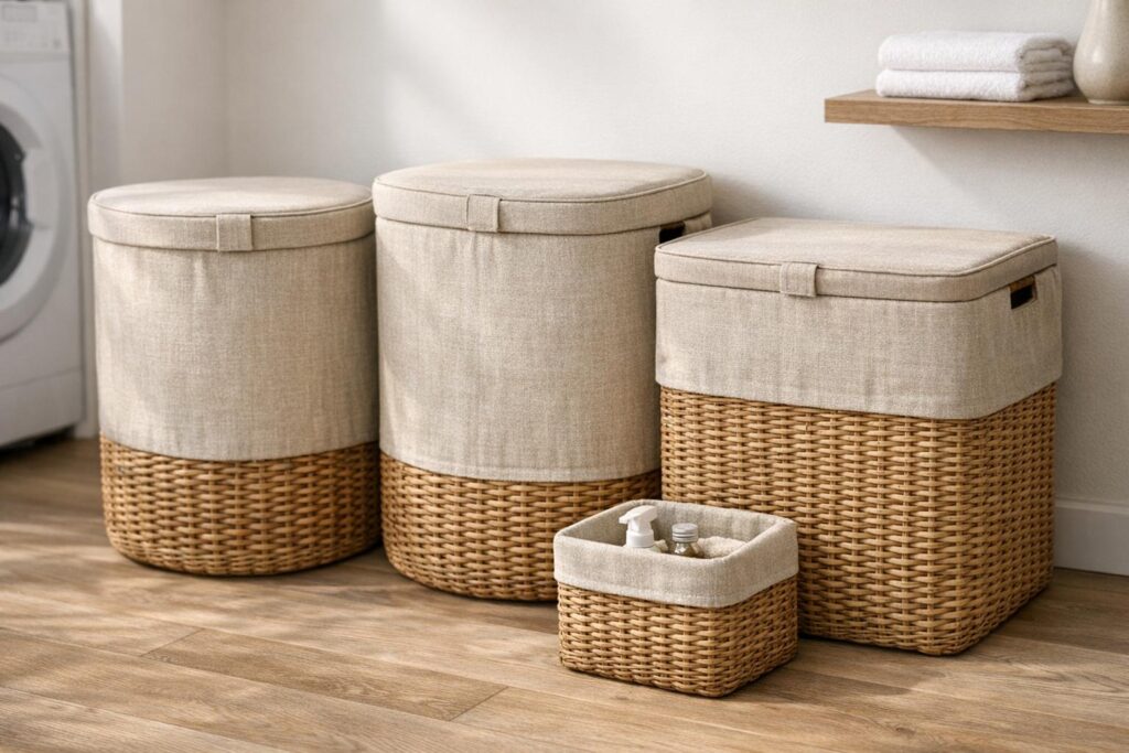 Trois bacs de tri dans un espace linge organisé