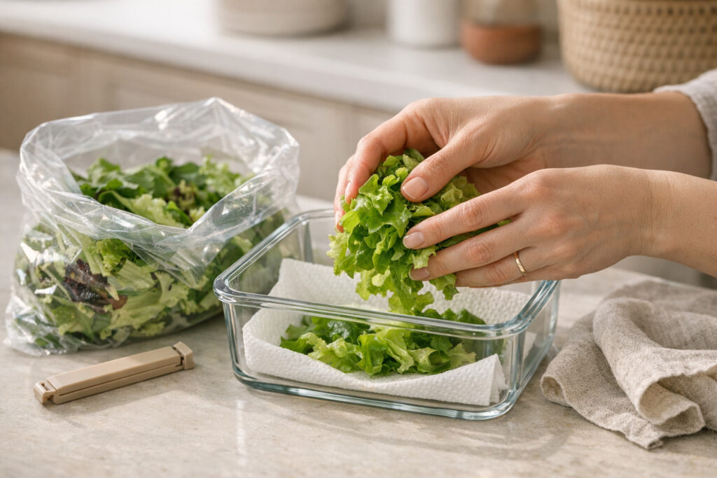 Conserver une salade en sachet après ouverture dans une boîte avec papier absorbant