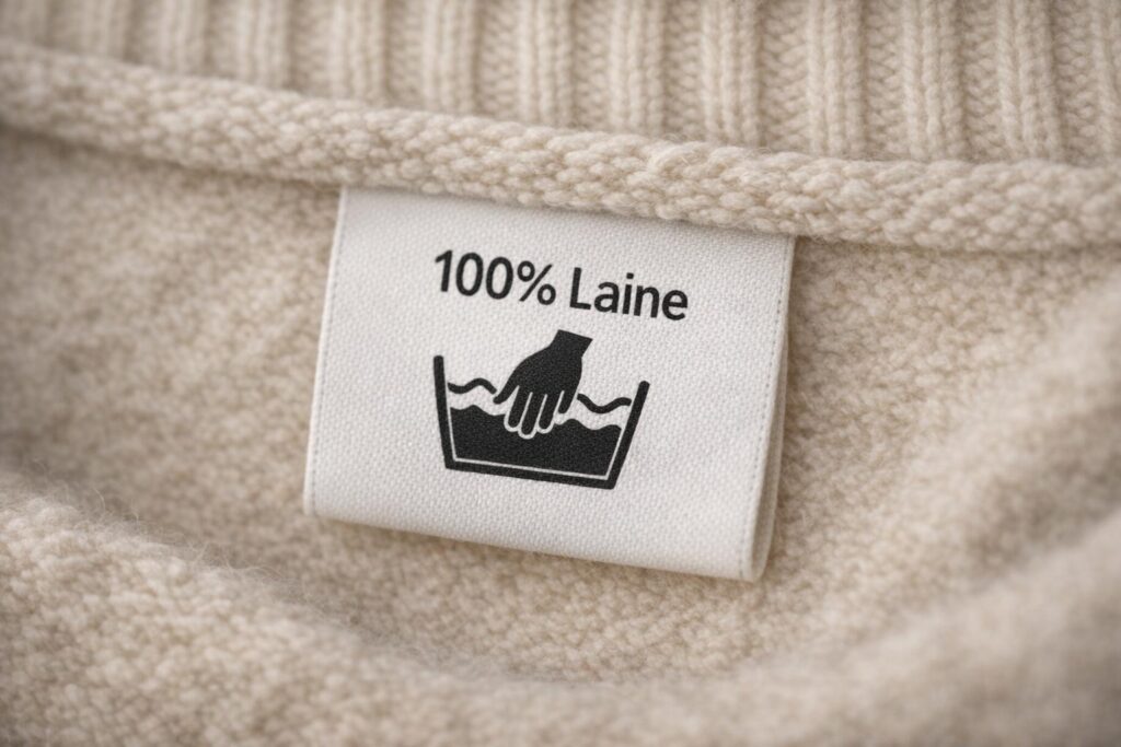 Étiquette d'entretien d'un pull en laine avec symbole lavage à la main