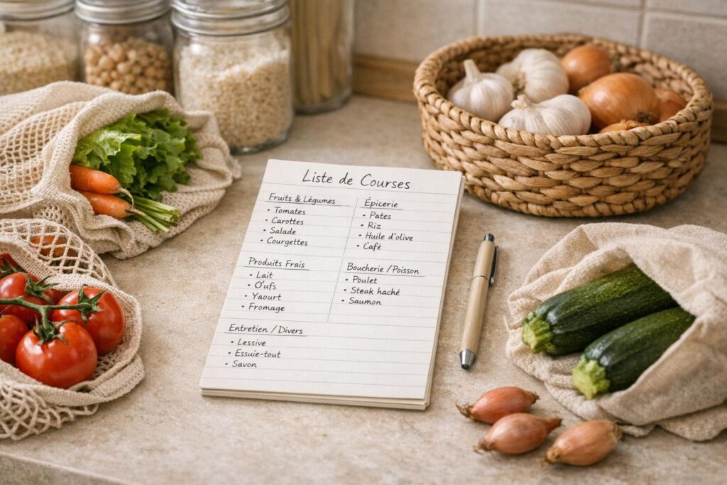 Liste de courses organisée à partir d’un planning repas du mois