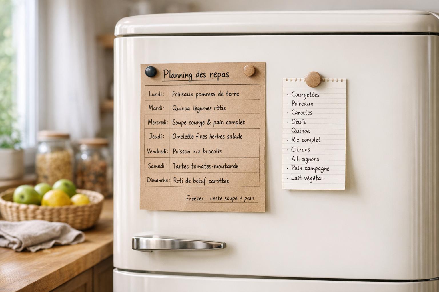 Planning repas du mois affiché sur un frigo dans une cuisine lumineuse et organisée