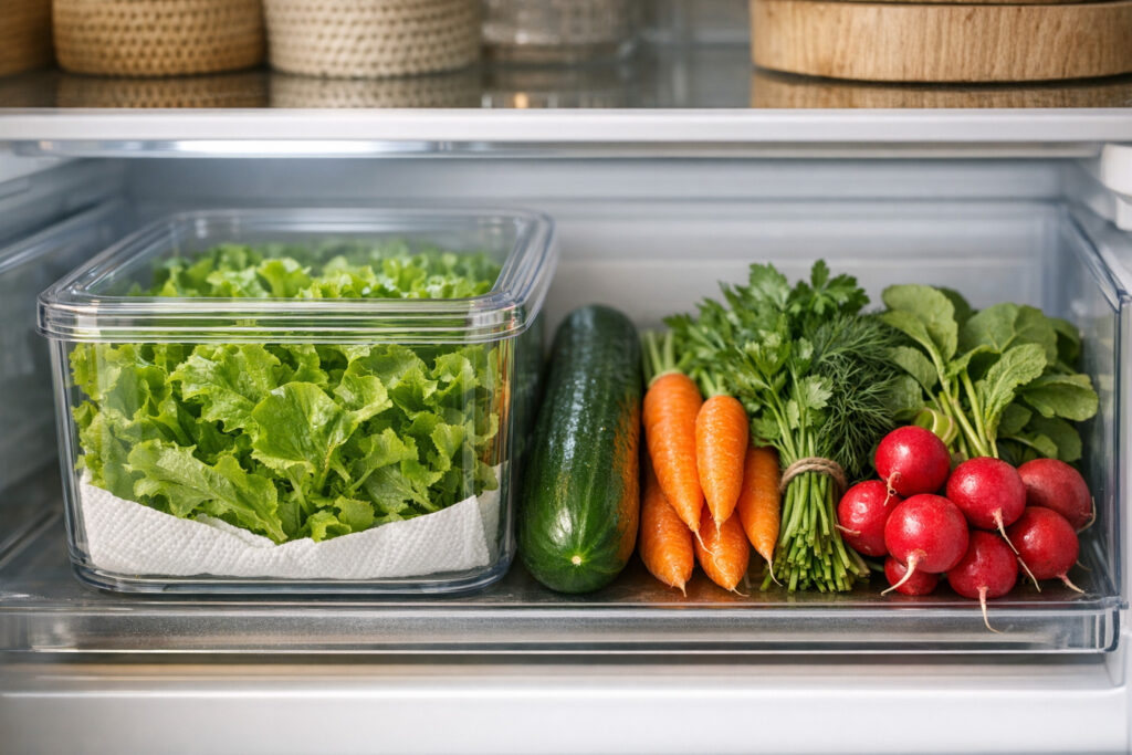 Salade en sachet bien conservée dans le bac à légumes du frigo