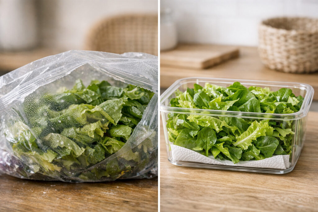 Salade en sachet humide comparée à une salade mieux conservée dans une boîte