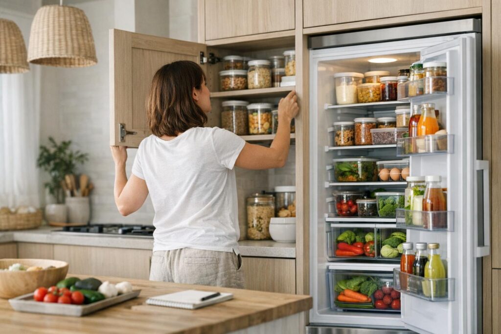 Vérifier le frigo et les placards avant de préparer un planning repas du mois
